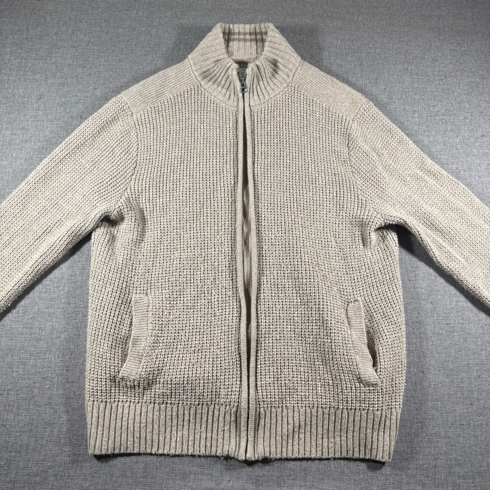 Lucky Brand Full Zip Cardigan Mens L Tan Mock Neck Waffle Knit 7M50273